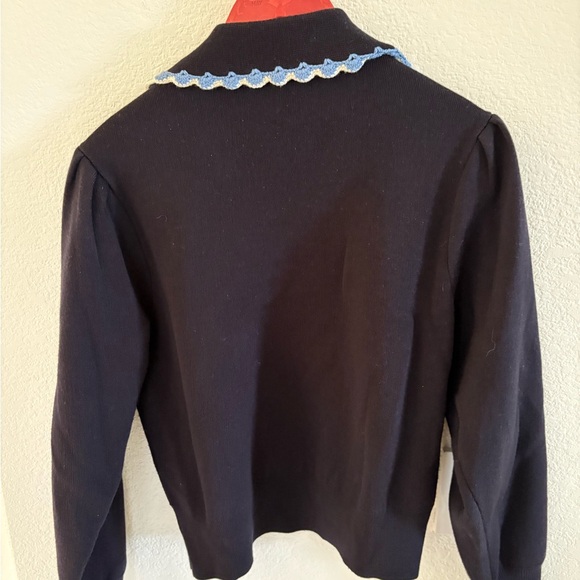 Sandro embroidery v neck sweater Black Sweater with Blue Trim - Picture 4 of 7